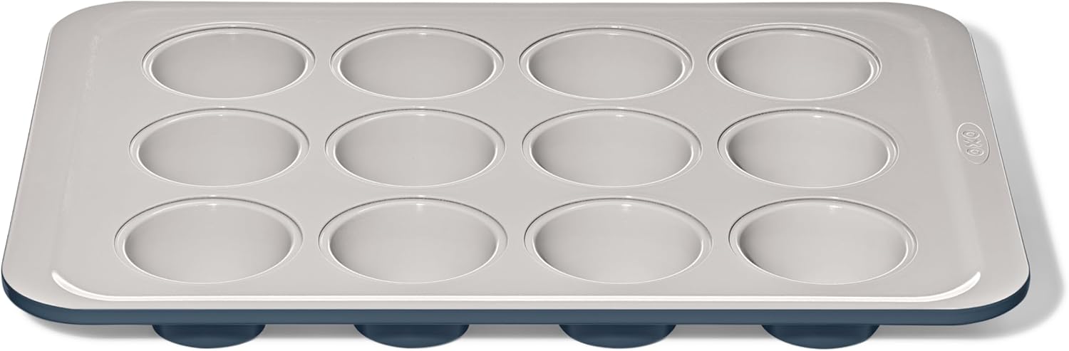 OXO muffin pan with ceramic coating on a kitchen counter